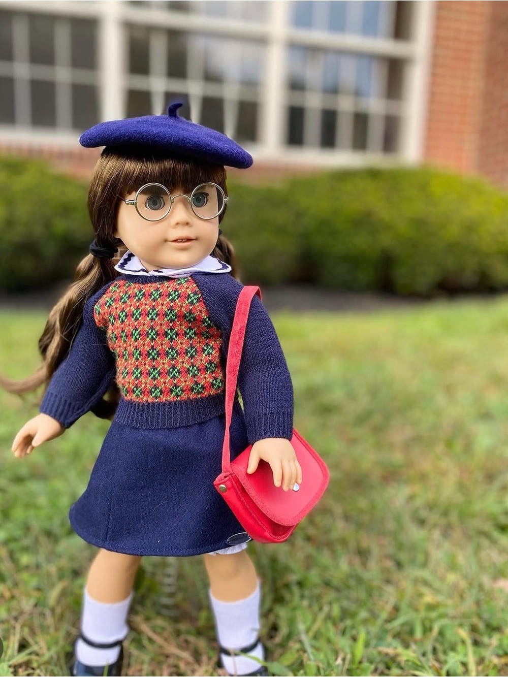 American Girl Navy & Red Plaid Sweater Dress with Beret and Pink Purse